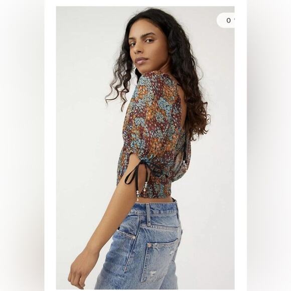 Free People Back On Top Cropped Top Dark Combo Size S Boho Smocked Puff Sleeve - Picture 4 of 13